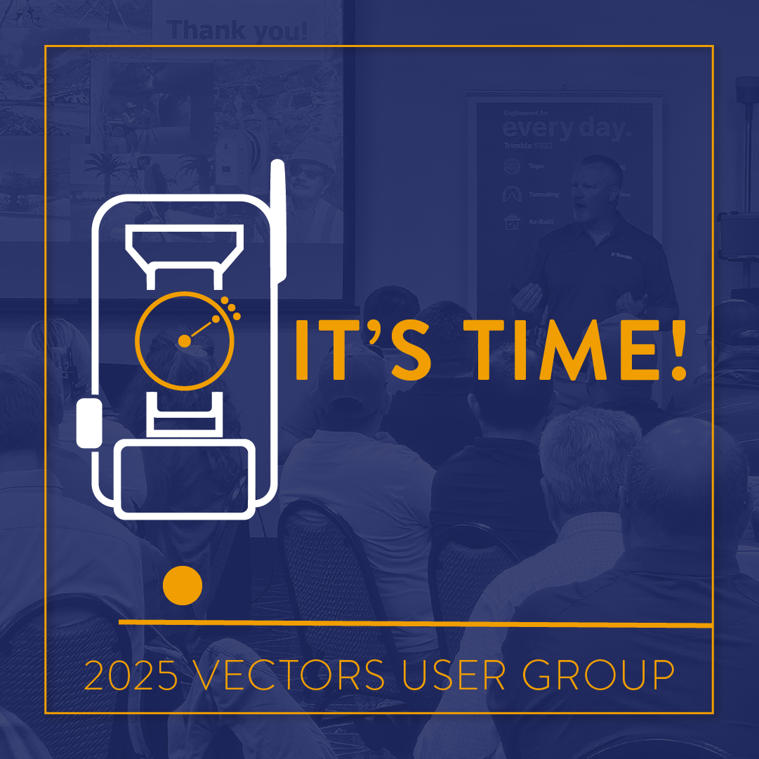 Total Station with stopwatch center and text "It's Time!" overlaying an audience listening to a speaker, with "2025 Vectors User Group" at the bottom